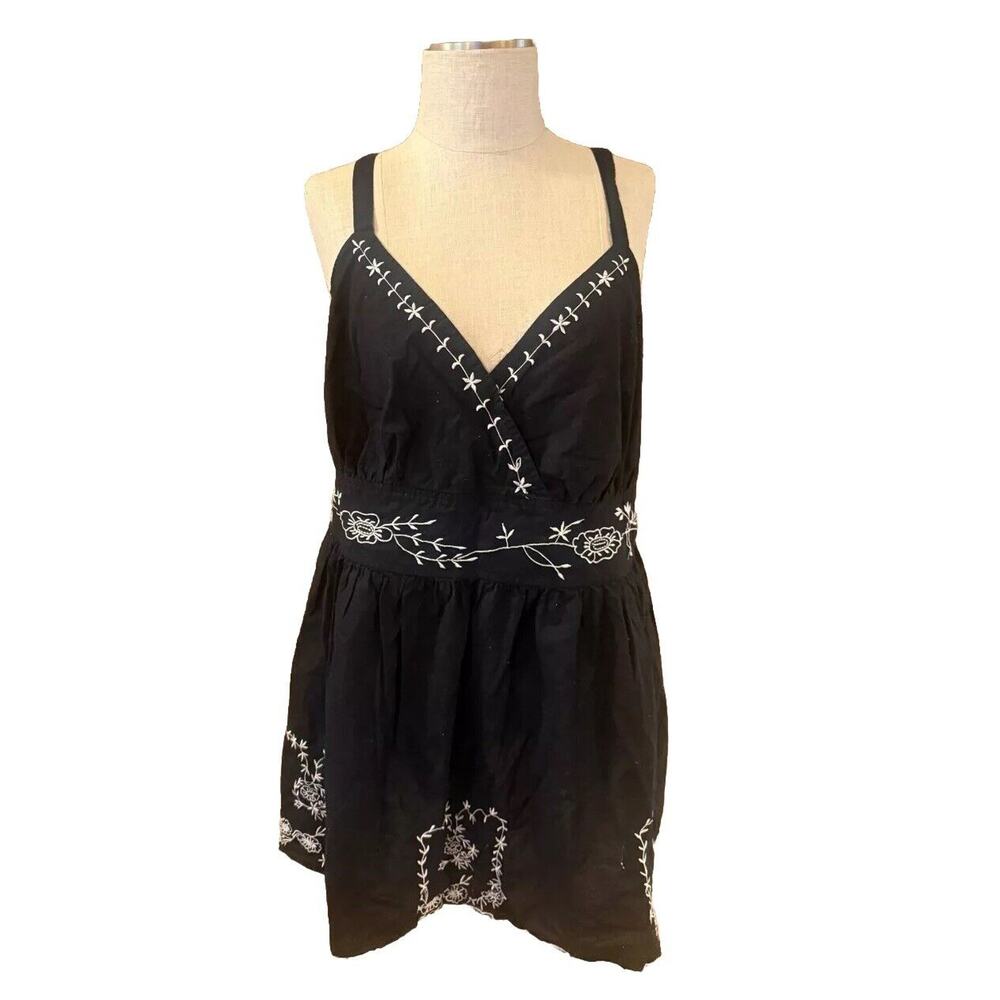 Cato Sundress Womens 14/16W Black Embroidered Smocked Wrap V Neck Wide Strap